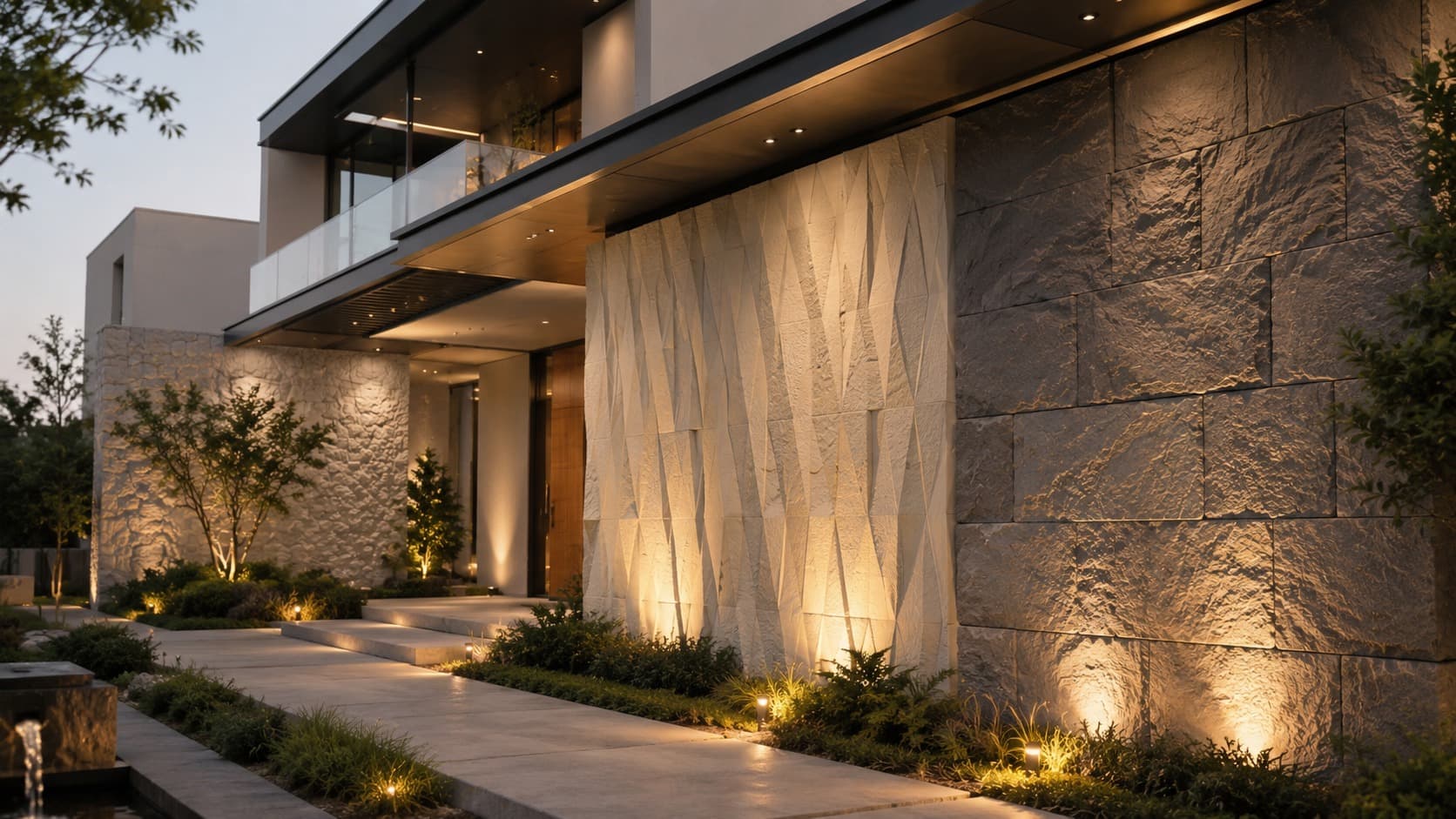 Modern exterior wall featuring stone-texture and vertical architectural panels